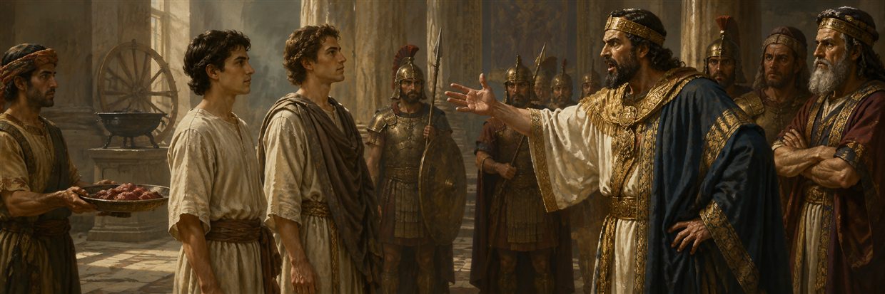 Two brothers calmly confront Antiochus as an untouched dish and unused instruments reveal the threatened ordeal